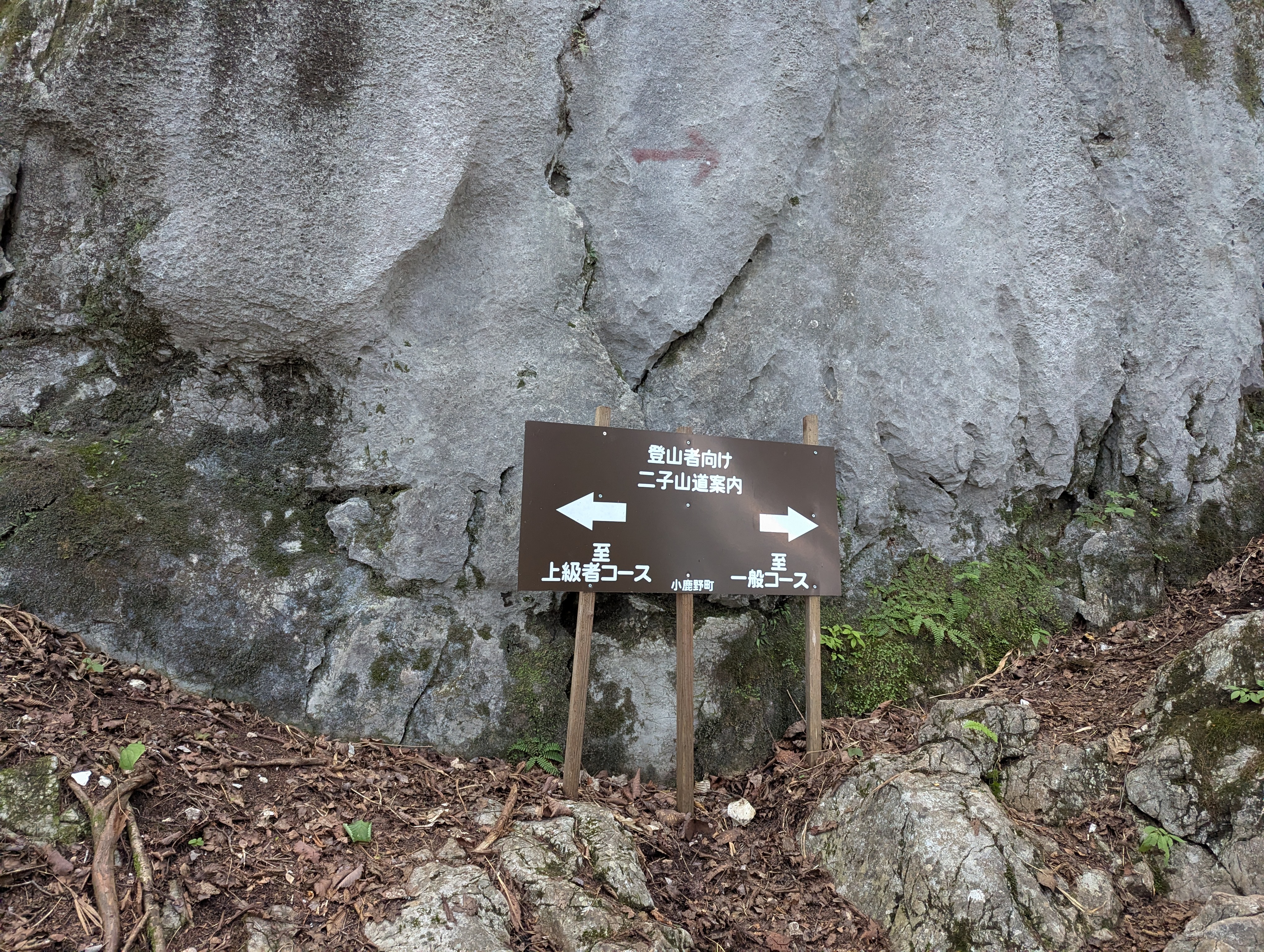 岩壁の前の案内板。左が上級者コース、右が一般コース